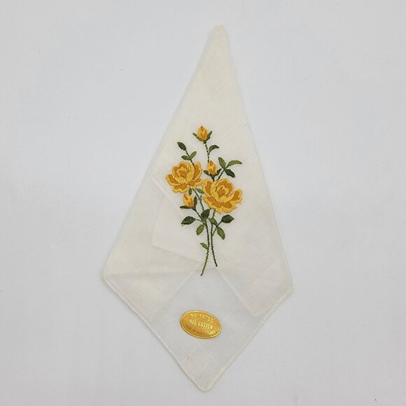 Vintage UNUSED NEW‎ Cotton Hankie Swiss Embroidered Yellow Floral Flowers - Picture 2 of 7